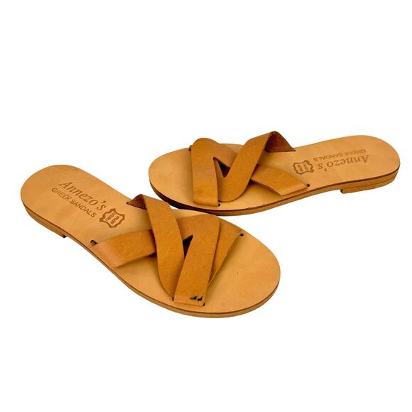 Annezo’s NEW Tan Leather Open Toe Cross Strap Slide On Neutral Greek Sandals - Picture 6 of 11